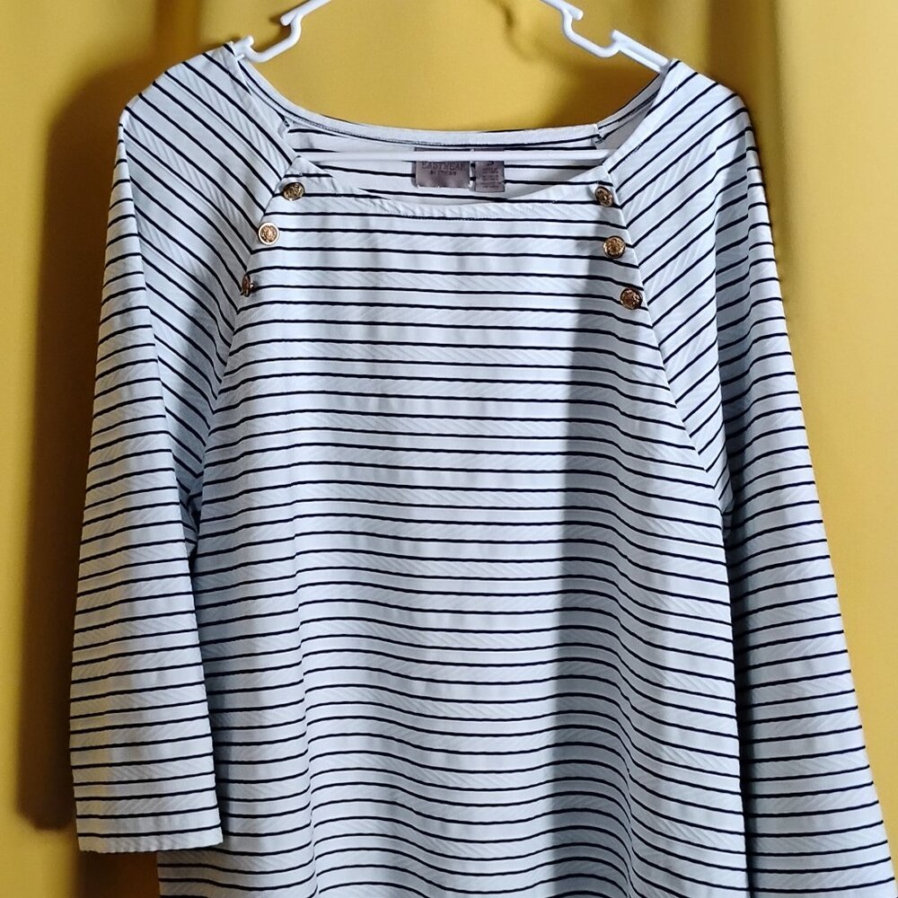 Easywear by Chico Boatneck Stripped top with decorative gold buttons 3/4 sleeves